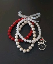 Red White And Silver Shimmer Beaded Stretch Snowman Charm Christmas Bracelets