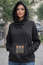 Upcycled Black Hoodie Folk Art Floral Appliqué One of A Kind Size X-Small New Upcycled Black Hoodie Folk Art Floral Appliqué One of A Kind Size X-Small New