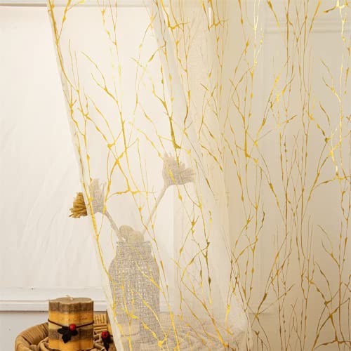 Cream Sheer Curtains 96 inch Length 2 Panels, Tree Branch Gold Foil Print - Picture 8 of 8