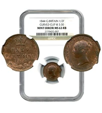 1844 Great Britain 1/2 Farthing, MINT ERROR, Large Curved Clip @ 3:30 - NGC MS63