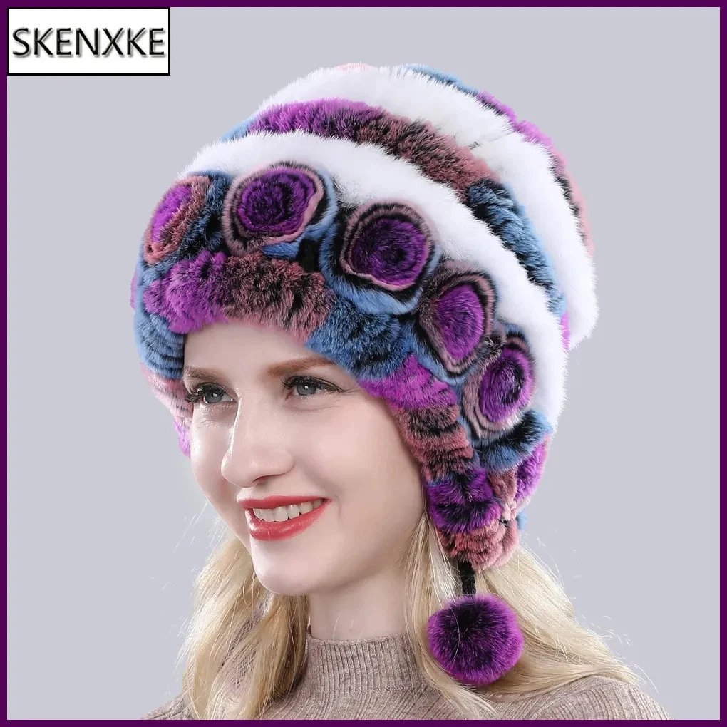 Winter Women's True Rex Rabbit Fur Striped Knitted Warm Outdoor Hat
