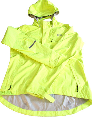 REI Co-op Rain Jacket XLarge Many Zippers Hoodie Double Closure Neon Yellow