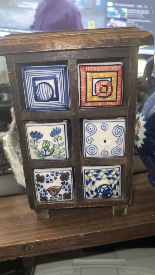 Apothecary 6 Hand Painted Ceramic Drawers Wooden Cabinet Tea Trinket Box Boho - Image 2 of 4