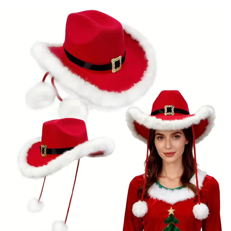Christmas Red Cowboy Hat With White Plush Trim For Party Holiday Photo Props - Image 3 of 4