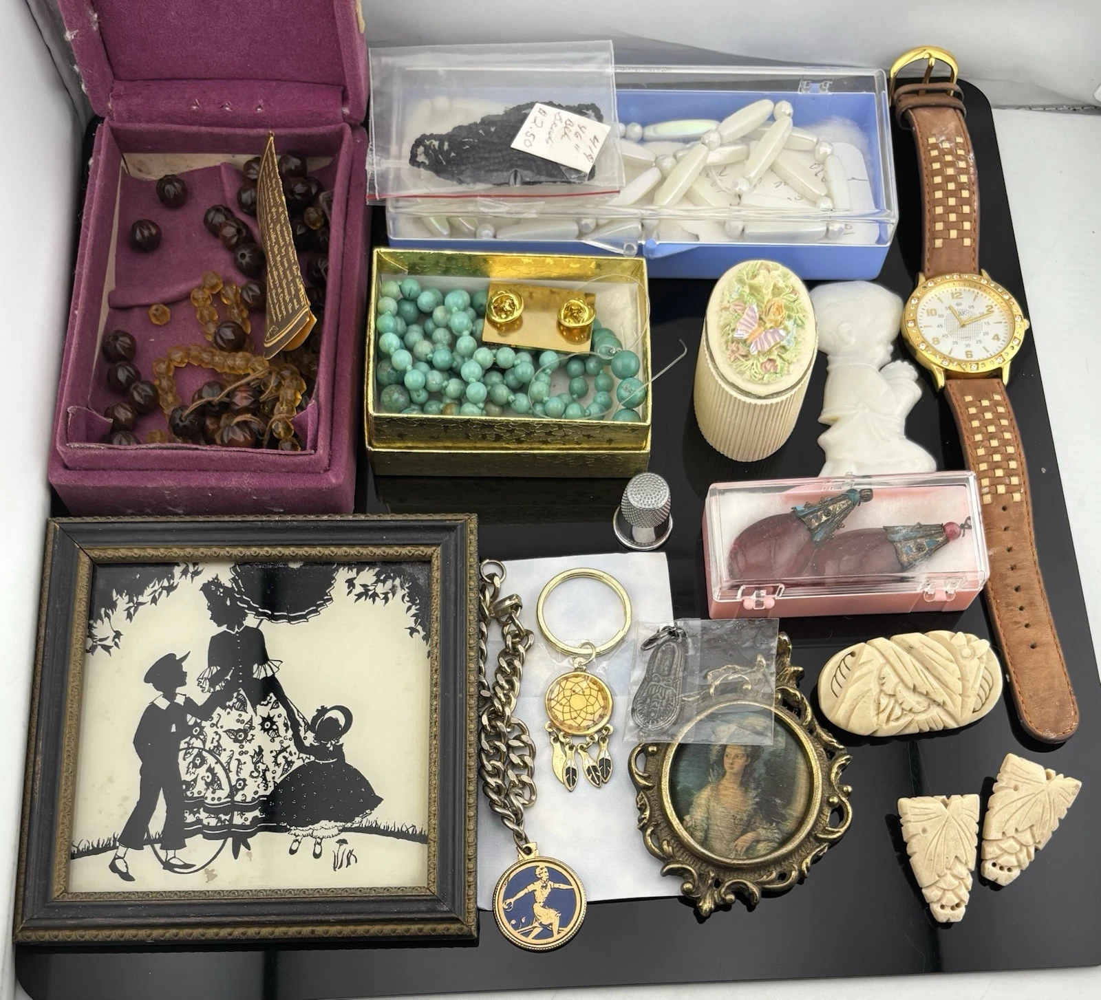 VTG Grandma Junk Drawer Women's Jewelry JBK Watch Silhouette Picture Wood Beads