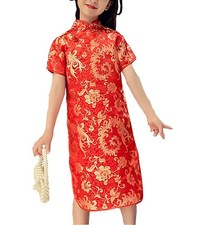 Girls Chinese Qipao Dress Dragon Pattern Short Sleeve Cheongsam Costume for B...
