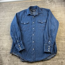 Wrangler Shirt Mens Large Western Blue Denim Jean Pearl Snap Vintage Cowboy