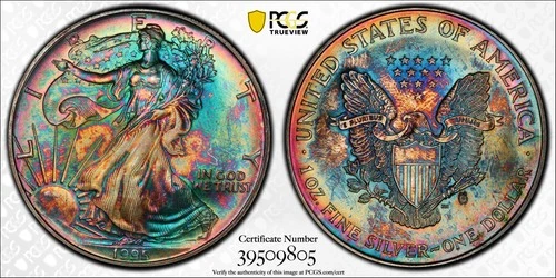1995 $1 PCGS MS67 Rainbow Toned American Silver Eagle 39509805