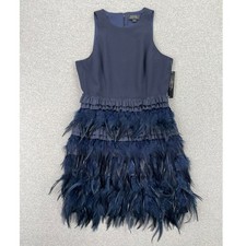 TAHARI Dress Womens 4 Navy Blue Ostrich Feather Sleeveless Cocktail Evening Glam
