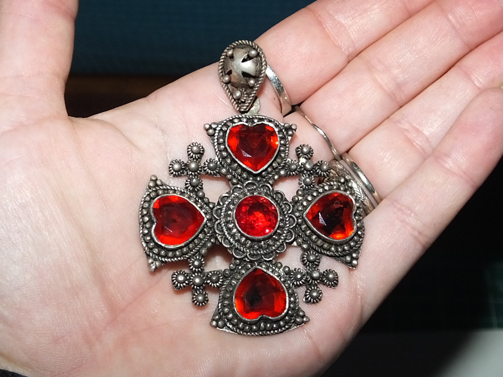 VTG Ruby Red Paste Heart Shaped Five 5 Stone Jeru… - image 6