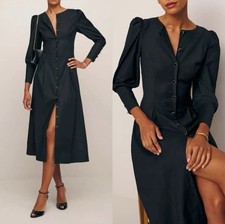 Reformation Halia in Black Long Sleeve Button-Front Cotton Midi Shirt Dress 0