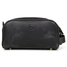 Premium Black Leather Dopp Kit for Men – Travel Toiletry Organizer with Brass