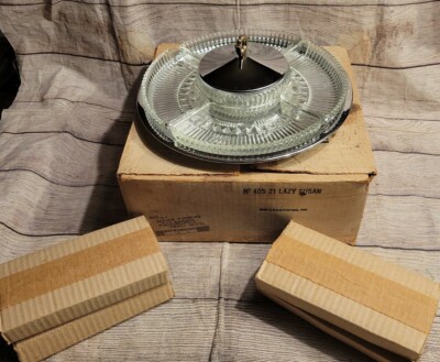 1950's Kromex 7 Pc Lazy Susan Tray Crystal Glass Chrome in Original Box