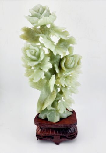 Chinese Late 20th c Bowenite Serpentine Rose & Birds Statue 8" Tall Jade Look