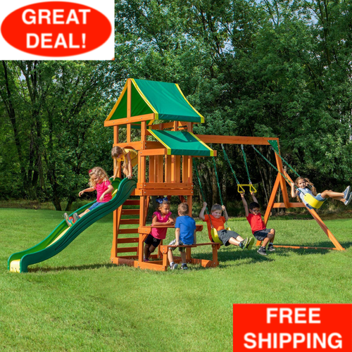Backyard Discovery Cedar Wooden Swing Set Kids Outdoor 8 Ft Slide Playground Fun