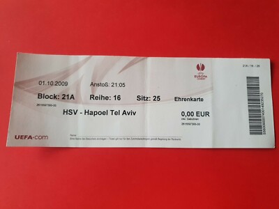 Used Ticket UEFA CL Cup 2009/10 Hamburger SV HSV vs Hapoel Tel Aviv 