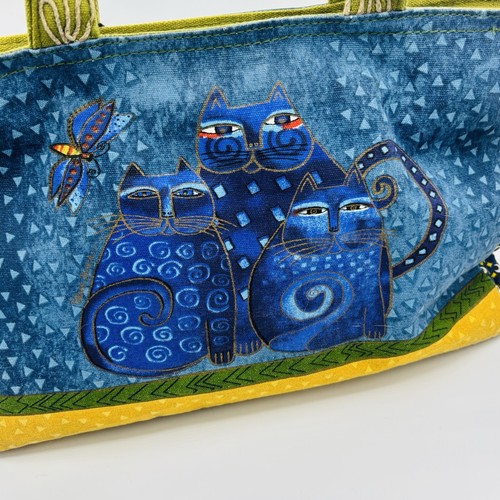 Laurel Burch Canvas Handbag Tote Blue Indigo 3 Cat Green Yellow Trim Charm Purse - Picture 2 of 13