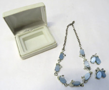 Vintage Necklace & Earring Set w/ Box light blue stone silver