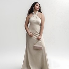BHLDN Dress Ruby Twist Halter Satin Gown Champagne 14 Anthropologie Wedding