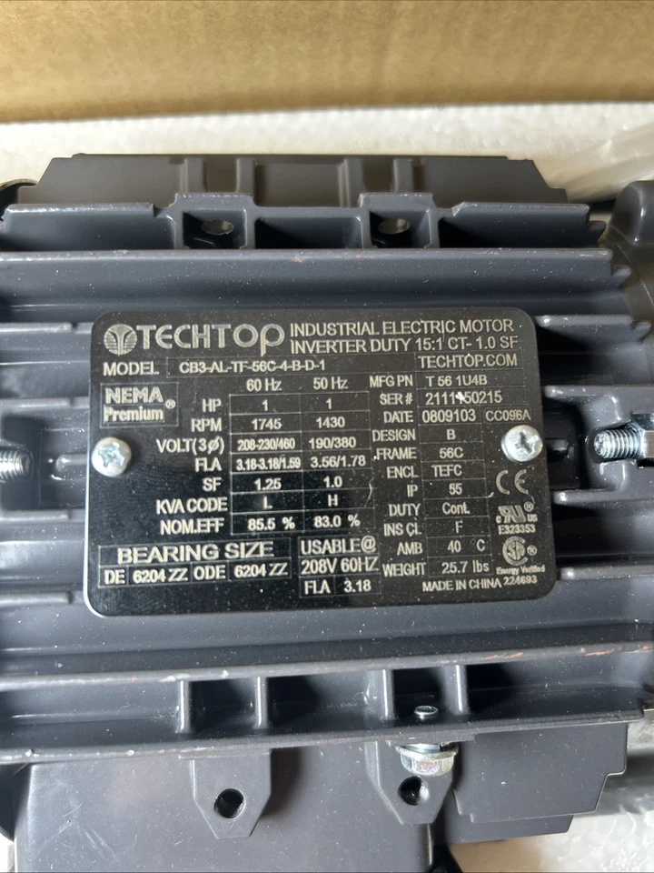 Techtop CB3-AL-TF-56C-4-B-D-1 Motor 1 HP 1750 RPM 3-PH 208-230/460 Volt Cobra - Image 3 of 4