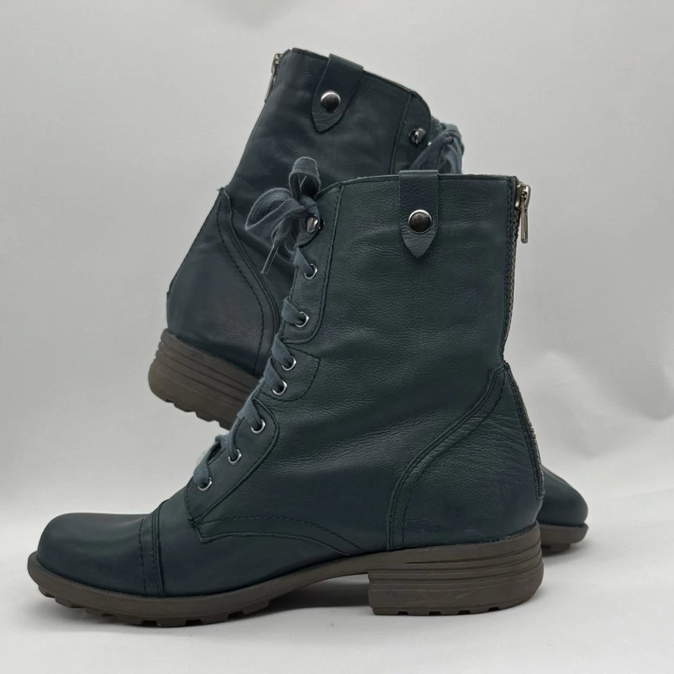 Cobb Hill Teal Leather Combat Style Boots 11M Lace Up Zip Ankle Boot Dent on Toe - Image 3 of 4