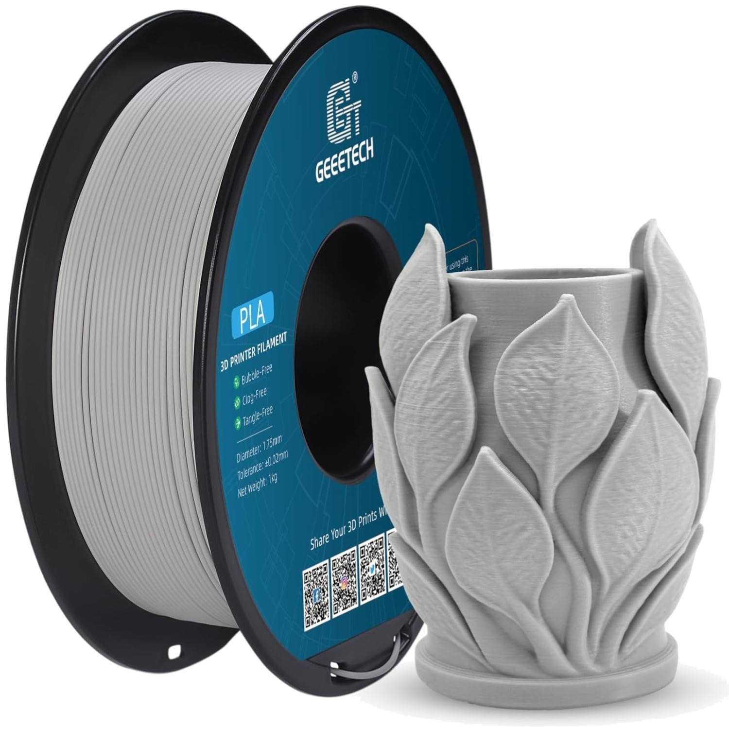 Matte PLA Filament 1 kg Spule Hellgrau fürs 3D-Drucken sichere
