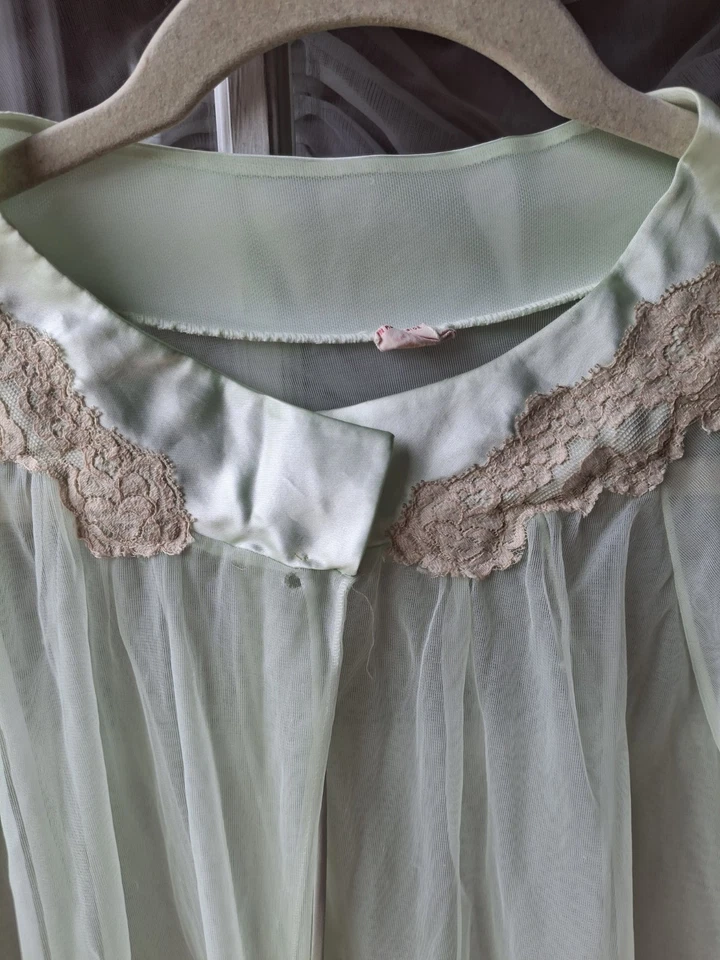 复古 32-34 码蓝绿色雪纺长袍袖口蕾丝领饰小孔领 — 第 2/4 张图片