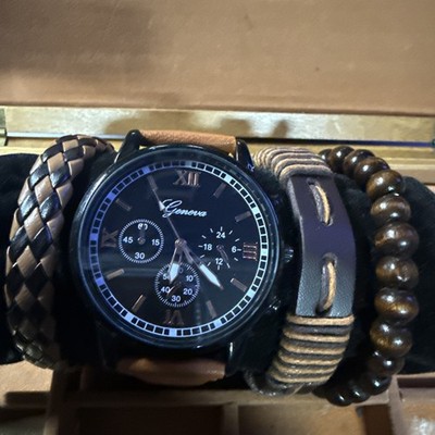 Geneva Quartz Watch W/ Brown Leather Band Analog Watch W/3 Matching Bracelets