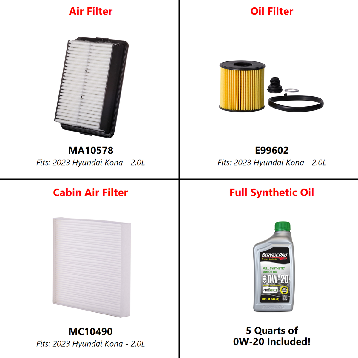 2023 Hyundai Kona 2.0L Complete Oil, Air & Cabin Filter Kit (0W-20