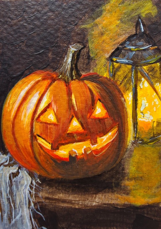 Aceo original art painting Jack-o-Lantern, 2.5 in x 3.5in, Aceos painting