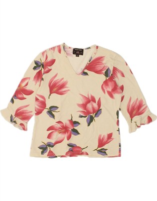 JANTZEN Damen 3/4 Arm Bluse Oberteil IT 46 Large Beige Blumen Baumwolle AW09