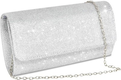 Damen Clutch Abendtasche Silber Glitzer Kettentasche Elegante Envelope Tasche