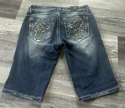 Miss Me Bermuda Jean Shorts Womens 28 Blue Embroidery Y2K Bling Charm