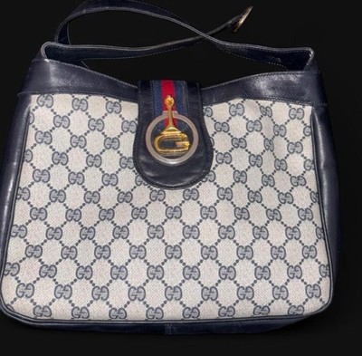 Vintage GUCCI Shoulder Bag Sherry Line PVC Leather Navy Purse Authentic
