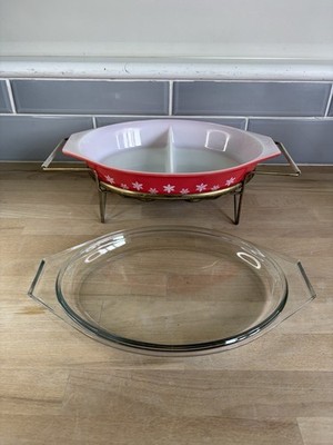 Vintage Pyrex Schneeflocke Koralle geteilt Auflaufform mit Stövchen rot 