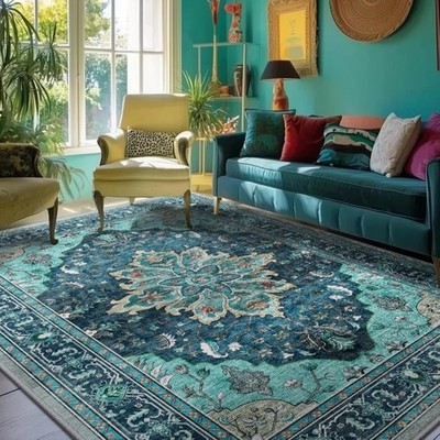 Floral Pattern 5'x7' Washable Area Rug - Non-Slip Low Pile for Living Spaces