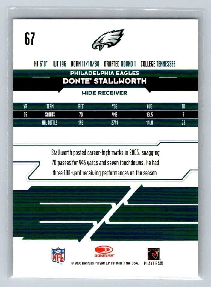 2006 Leaf Rookies & Stars #67 Donte Stallworth Philadelphia Eagles Football Card - Image 2 of 2