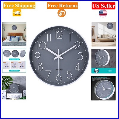 12 Inch Silent Gray Wall Clock - Modern Round Indoor Quartz Battery
