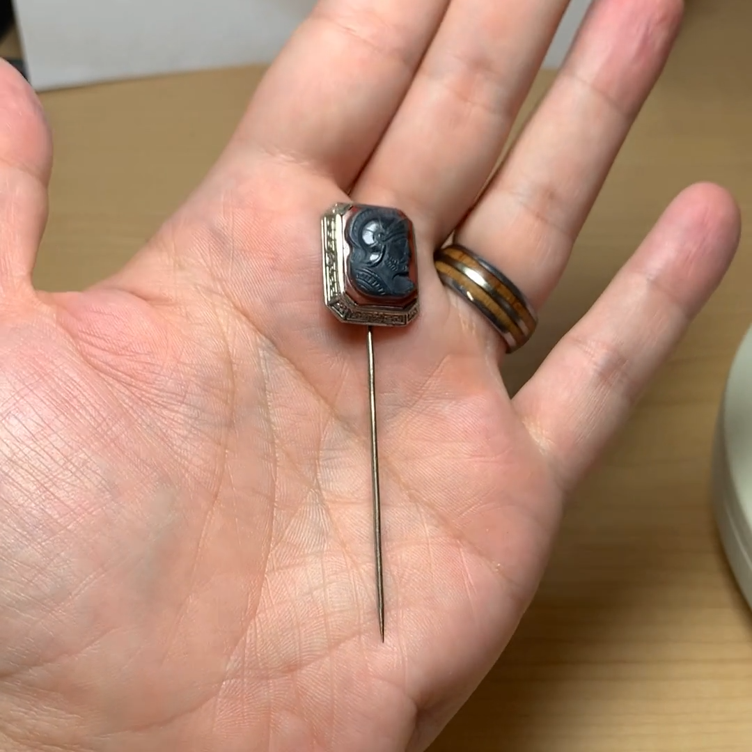 1900s Edwardian 14K White Gold Hand Carved Soldier Agate Stone Cameo Stick  Pin