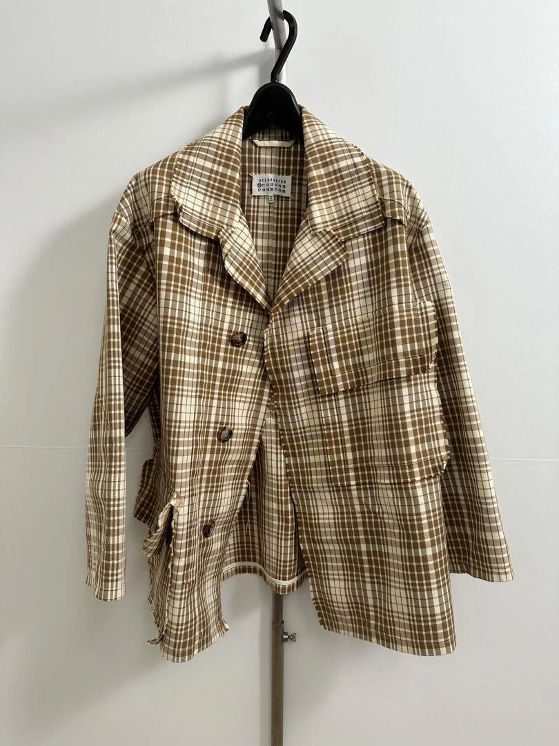 Maison Margiela 10 quadri giacca cappotto blusa beige marrone misto cotone capospalla