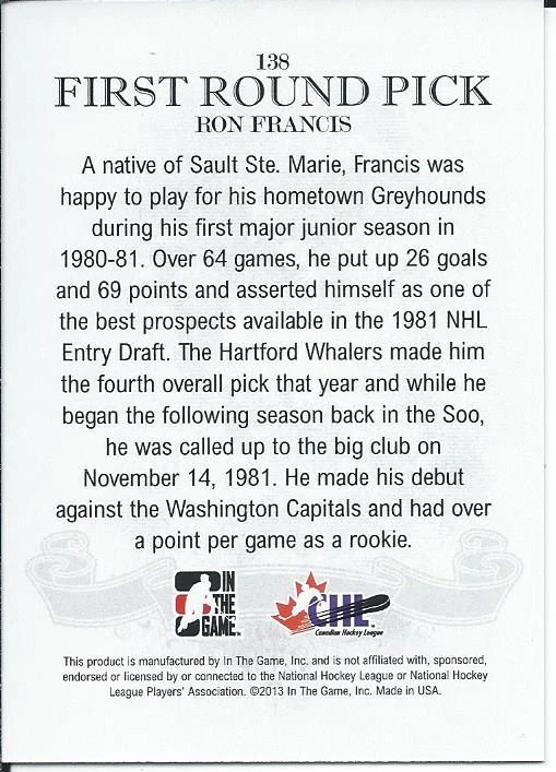 2012-13 2013 ITG Draft Prospects RON FRANCIS #138 First Round Pick 1981 - Image 2 of 2