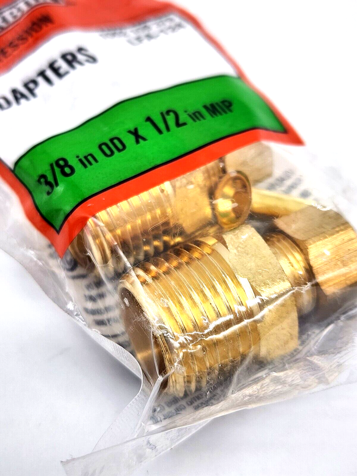 2 Pack Everbilt Compression Adapter Fitting Pipe 3/8 x 1/2 MIP Brass