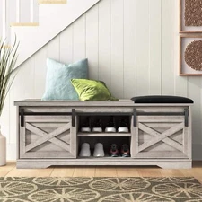 Shoe Storage Bench with Cushion Hallway Entryway Bench Doors Storage Ottoman