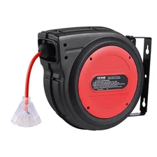 Heavy Duty 65FT Power Cord Reel 12AWG 3C w/Lighted Outlets Auto-Retract 1875W