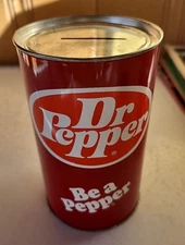 Vintage 1970's Dr Pepper Metal Can Coin Piggy Bank J.L. Clark Be A Pepper