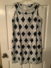    Talbots Blue White Diamond Print Ladies Sleeveless Size 10P Shift Dress   