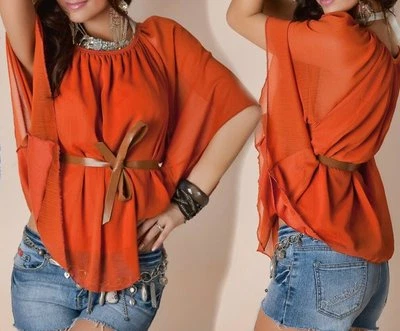 Sexy Miss Women's Chiffon Shirt Blouse Top Wing Sleeve Tie Belt 34/36/38 Rust - Image 1 of 3