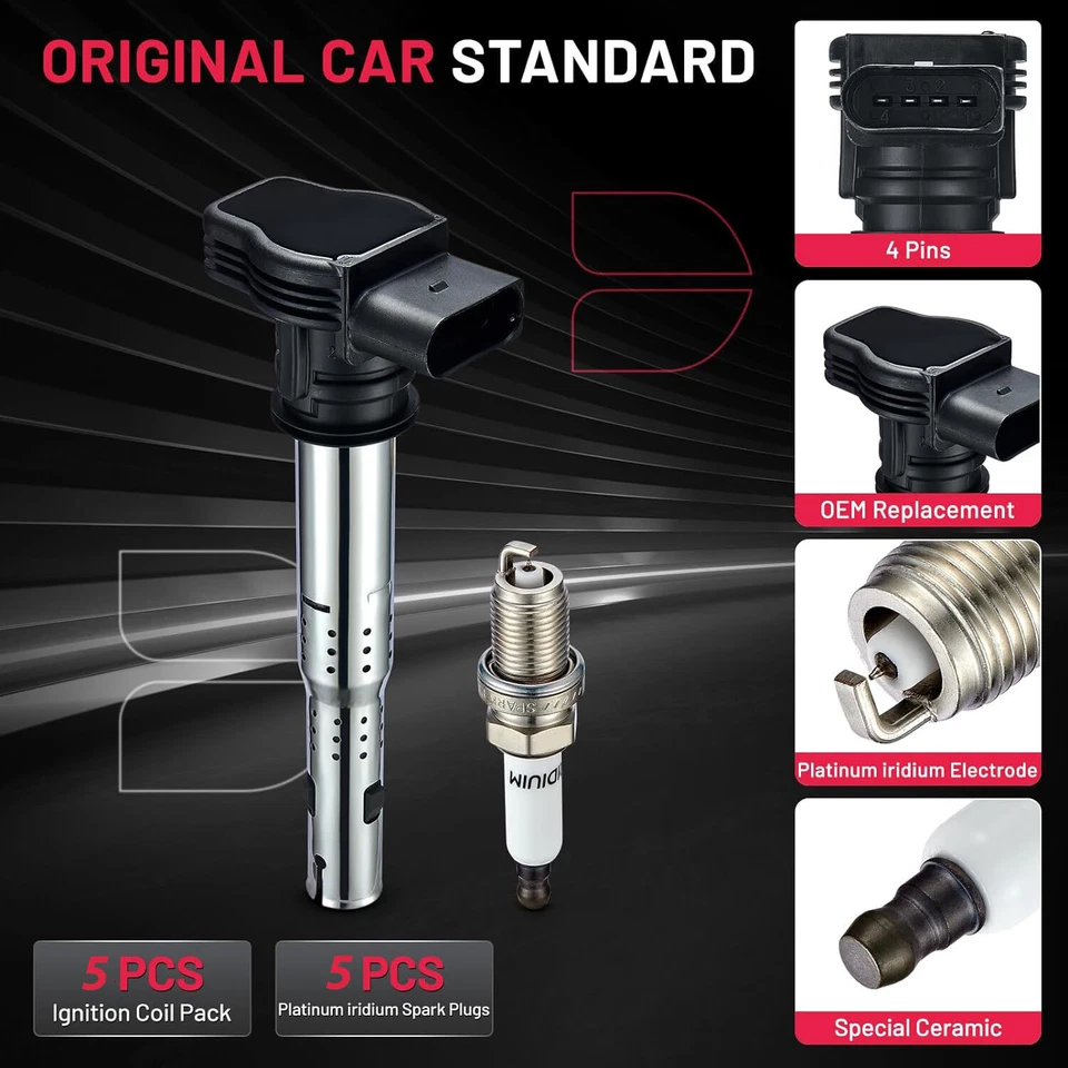 5 Pack For Volkswagen Golf 2.5L L5 Ignition Bobinas and Spark Plug 2010-2014 Foto 2 de 4