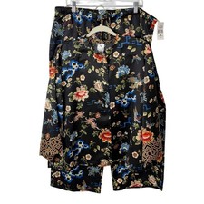 Natori Mandarin Pajama Lounge Set Top  Pant Black Floral Satin Silky XL NEW