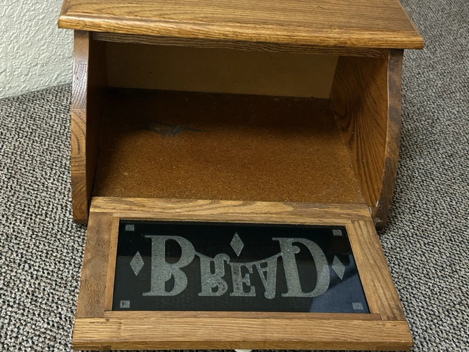 Cornwall Wood Bread Box Black Glass Drop Front 1970's Vtg Country Kitchen USA - Image 2 of 4